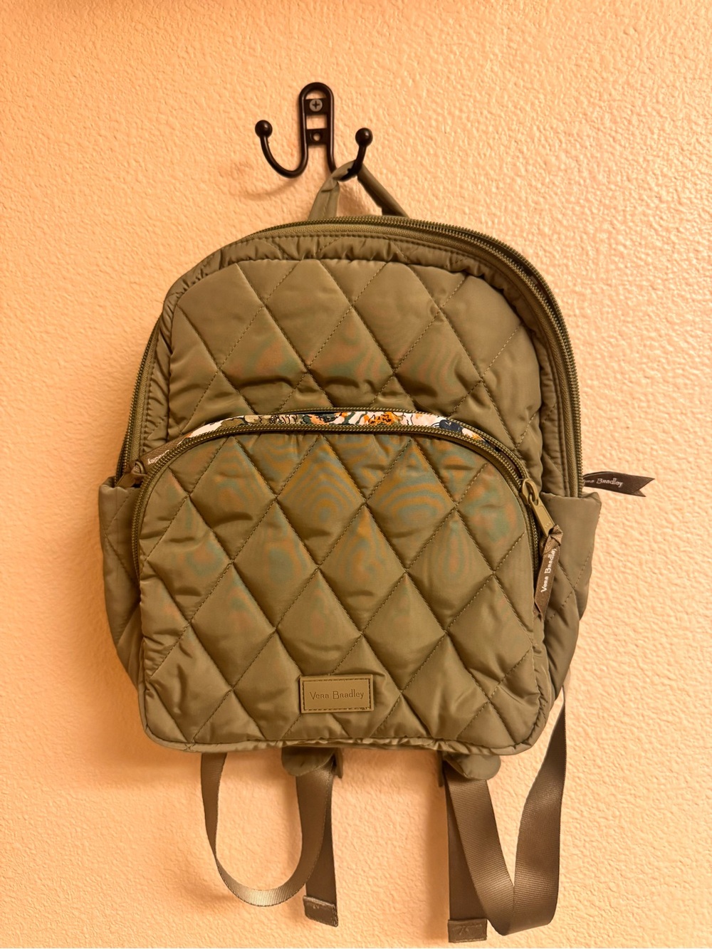 Vera Bradley Quilted Olive Mini Backpack with Front Pocket